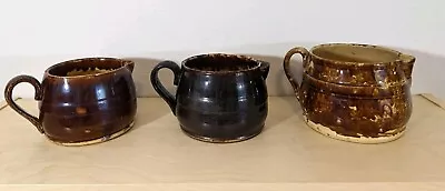 Buy Antique 1860-80’s Bennington Pottery Lot Of 3 Yellow Ware Rockingham Pitcher • 52.18£