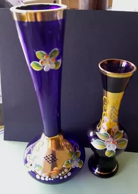 Buy Vintage Art Glass Bud Vases Blue/Amethyst Glass- Gold - Hand Painted Flowers • 22£