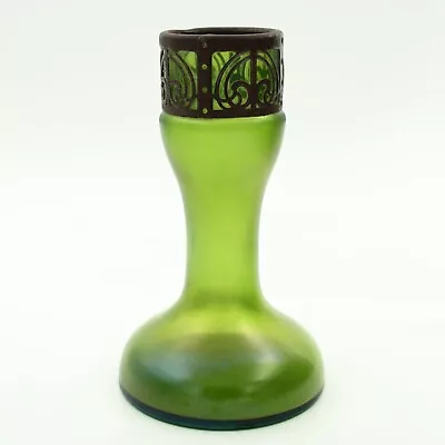 Buy Secessionist Iridescent Art Glass Vase Green With Metal Mount, Austria • 95£