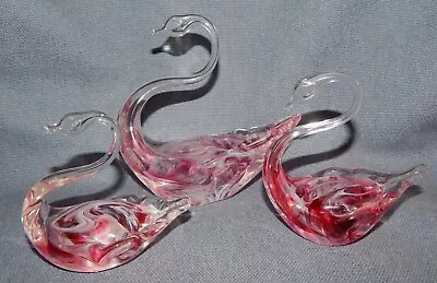 Buy Graded Set Of 3 Heron Cumbria Glass Hand Blown Swirly Pink Glass Swans ~ Vintage • 19.99£