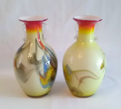Buy Pair Of Dalian 'Snowflake' Art Glass Vases Hand Blown Multi Coloured • 65£