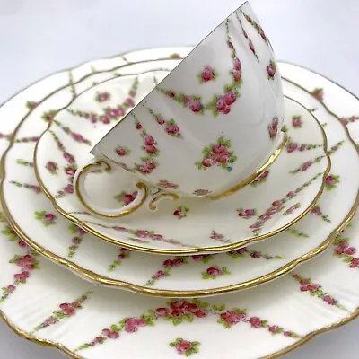 Buy English Vintage Crescent China (George Jones) Tea Cup Quad, Pink Roses Pattern • 60£