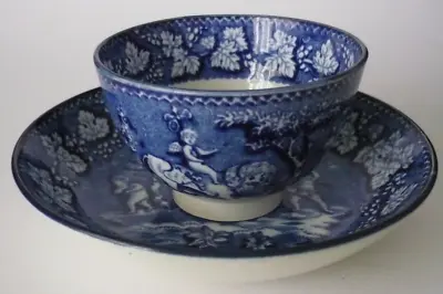 Buy Early C19th English Blue And White Transfer Ware Putti & Lion Tea Bowl & Saucer • 55£