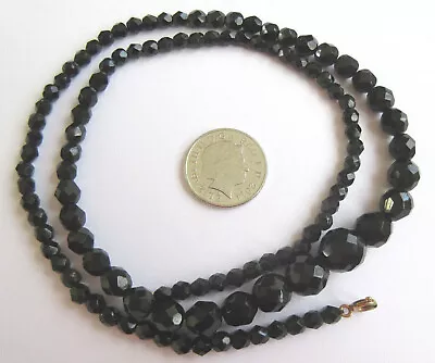 Buy Art Deco Black Glass Mid Length Necklace Graduated French Jet Beads Stylish 60cm • 4.95£