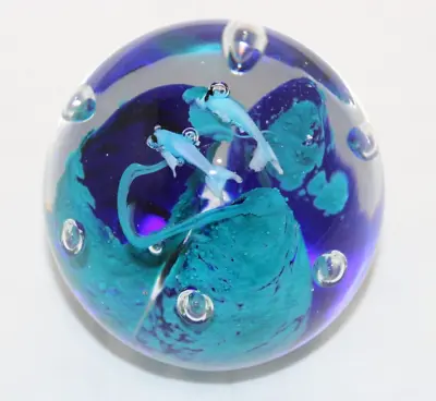 Buy Beautiful 3 Inch Crystal Glass Ball Paperweight Dolphins Blue Controlled Bubbles • 17.99£