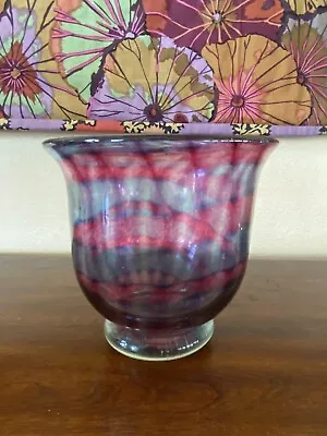 Buy VINTAGE ART 5.5” Footed Purple And Pink Swirled HAND BLOWN Hurricane GLASS 1909 • 14.39£