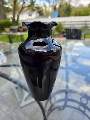 Buy Black Amethyst Ruffled Top Glass Vase Mid-Century Modern 6   • 24.45£