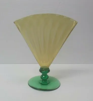 Buy Frederick Carder STEUBEN Amber Glass Optic Ribbed Fan Vase #6287, Green Base • 384.19£