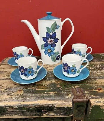 Buy Vintage Retro Coffee Pot Johnson Bros Blue Floral Coffee Set 4 Cups & Saucers • 14.99£