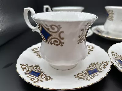 Buy Vintage CROWN FENTON:  Set Of 4 X Blue, White & Gold Demitasse Cups & Saucers • 12£
