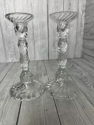 Buy Pair Of Pressed Glass Candlestick Holders Clear Twisted Effect 8.5  Tall Footed • 19.99£