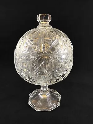 Buy Vintage Cross Cut Glass Spherical Candy Dish Bowl On Pedestal Lidded ITALY • 24£
