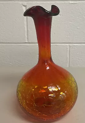 Buy Vintage Blenko Hand Blown Vase -  9” Red To Orange Amberina Crackle Glass MINT • 57.86£