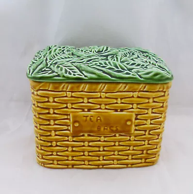 Buy Vintage Sylvac Tea Bag Holder, Mustard Wicker Basket, Green Tea Leaf Lid 5038 • 14.99£