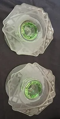 Buy Vintage Pair Etched Depression Green Glass Candle Holders • 11.37£