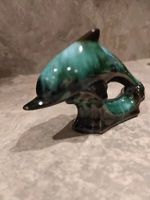 Buy Blue Mountain Pottery Dolphin Figurine  Green To Black Drip Glaze Vintage 6.5 In • 10£