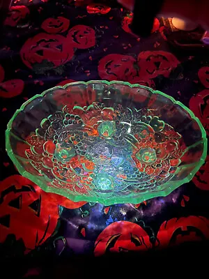 Buy Vintage Green Indiana Glass Oval Four-Legged Fruit Bowl UV Reactive Manganese • 14.41£
