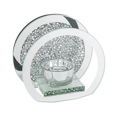 Buy Round Crushed Crystal Tealight Candle Holder Silver Mirrored Glass Decor • 9.79£