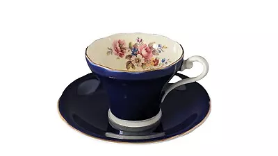 Buy Aynsley Vintage Cobalt Blue & Floral Detail Cup & Saucer Made In England • 9£