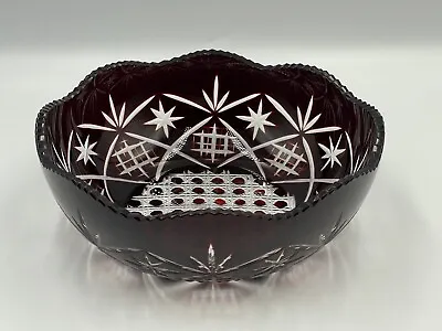 Buy Cranberry Cut Clear Glass Round Fluted Bowl 20cm Vintage Decorative Tableware • 24.95£