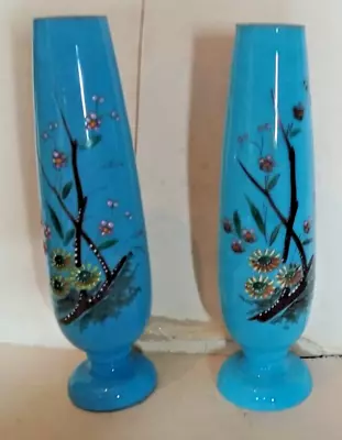 Buy Antique Pair Of  Turquoise / Blue Glass Opaline Enamel Vases, 7 1/2 Inches Tall • 65£