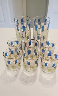 Buy VTG Set Of 8 Libbey Nordic Glass Tumblers & Juice Glasses Gold/Blue/Green MINTY • 56.91£