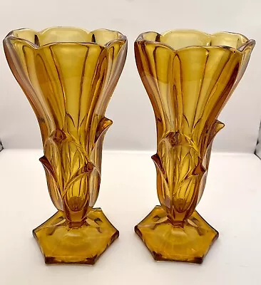 Buy Pair Of Vintage 1930s Amber Bohemian Glass Tulip Design Vases • 28£