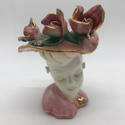 Buy Vintage Lady Head Vase Glamour Girl Pink Hat Rose Gold Accents Lewis Weil As Is  • 47.41£