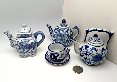 Buy Lot 3 Mini Porcelain Teapots Cobalt Blue Floral Design China India Home Decor • 28.76£