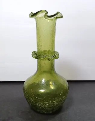 Buy Pilgrim Hand Blown Green Crackle Glass Ruffled Vase Applied Trim Pontil Scar • 14.13£