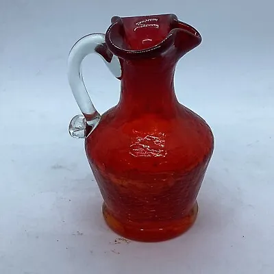 Buy Mini Red With Applied Clear Handle Crackle Glass Pitcher/Vase, Fluted Rim • 6.16£