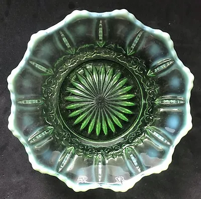 Buy Antique Jefferson Glass Green Opalescent Iris Meander Shallow Bowl Fleur De Lis • 33.63£