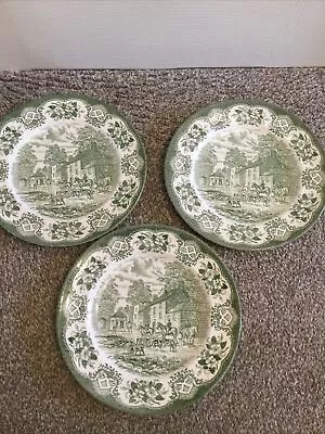 Buy 3 X Vintage Old Inns Plates English Ironstone Green White Staffordshire 25cm • 15£