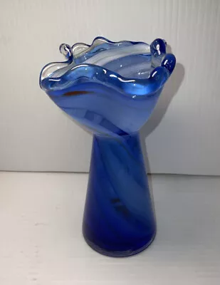 Buy Vintage Art Glass Swirled Blue Bud Vase Ruffled Flowerlike Top Paperweight 5.5”T • 18.21£