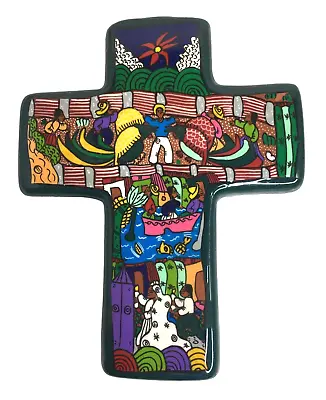 Buy Mexican Talavera Hand Painted Pottery Cross Wall Plaque Hanging Village Scene • 16.56£
