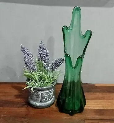 Buy Vintage Mid Century Bohemian Czech Green Glass Finger Vase • 12£