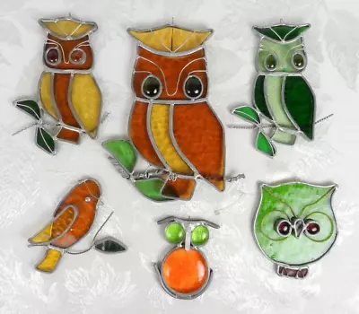 Buy 6 Vintage Stained Glass Sun Catchers Leaded Handmade 5 - Owls 1 - Sparrow Bird • 35.47£