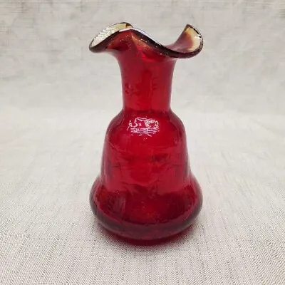 Buy Hand Blown Red Amber Crackle Art Glass Ruffled Top Bud Vase Small Cadmium Glow • 5.95£