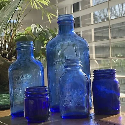 Buy Attractive Vintage Victorian Druggist Blue Old Fashioned Glass Bottles X 5 • 24.99£