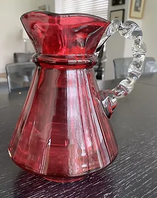 Buy Large Vintage Cranberry Glass Water Jug With Clear Rope Design Handle. • 8.50£