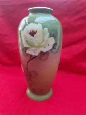 Buy Japan Bud Vase Vintage Hand Painted, Green Ground With Roses ? Firing Pit Marks • 5£