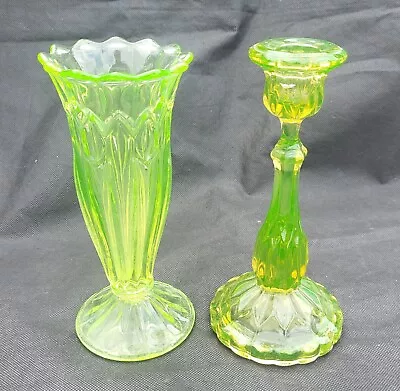 Buy Art Deco Uranium Green Glass Flower Vase & Candle Stick ~ Sowerby Glass • 20£