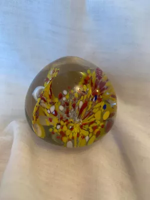 Buy Vintage Yellow And Red Small Flower Glass Paperweight With Bubbles Unsigned • 12.99£