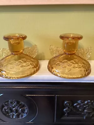 Buy Sowerby Amber Glass Butterfly Candle Holders Pair Of Candlesticks Art Deco 1930s • 10£
