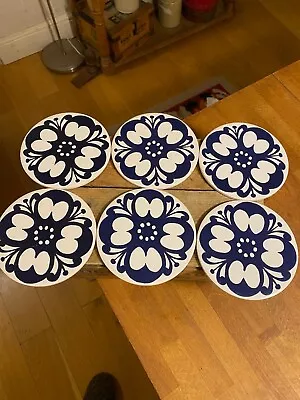 Buy Vintage Set 6 Round Jersey Pottery Dark Blue & White Placemats / Table Mats • 15.99£