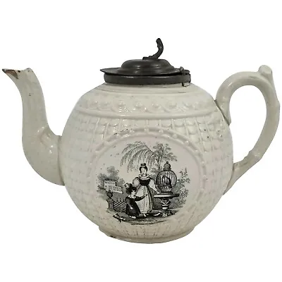 Buy Antique 1820's Georgian Moulded Creamware Teapot Black Transferprint Of Lady  • 220£