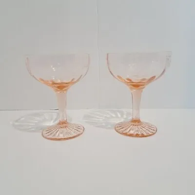 Buy Vintage Set Of 2 Pink Depression Glass Etched Bowl Champagne Glasses • 36.93£