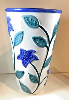 Buy LARGE Oriental (Chinese) Vase 12  Tall X 7  Wide. Embossed Blue & Green Flowers • 19.95£