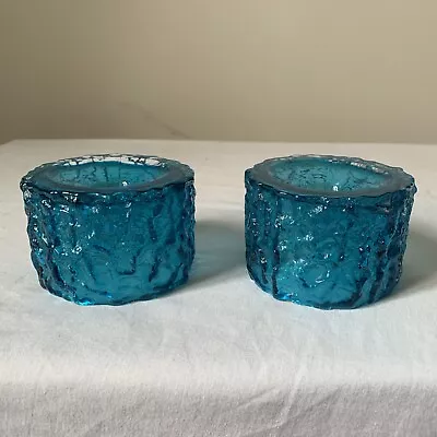 Buy Whitefriars Glass Pair Bark Texture Candle Holders Kingfisher Blue 1960s #9733 • 68.99£