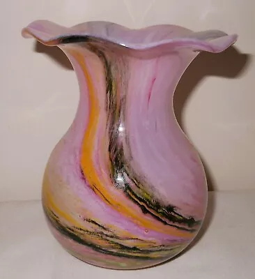 Buy Alum Bay, Isle Of Wight, Pink Glass Vase, Black Yellow & Green Streaks, Label • 5.50£